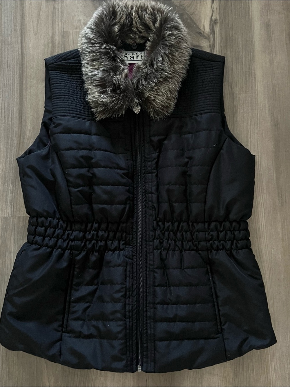 Women’s Black Quilted Puffer Vest Faux Fur Collar Large Keren Hart
